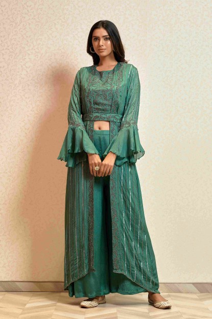 Beautiful Palazzo set with Shrug and Belt in Green color