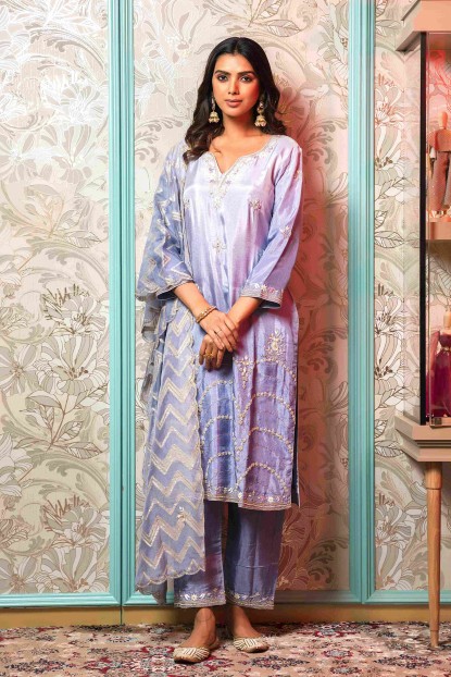 Kurti and Pant Set in Silk with Banarasi Dupatta