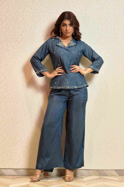 Dark Blue Palazzo Pant with Top in Raw Silk