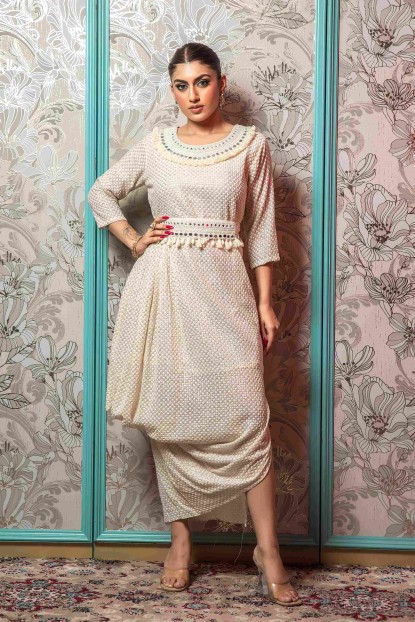 Cream Dress in Lucknowi with pretty Belt