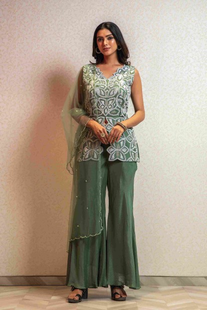 Pista Green Pant and Top with Dupatta in Dola Silk