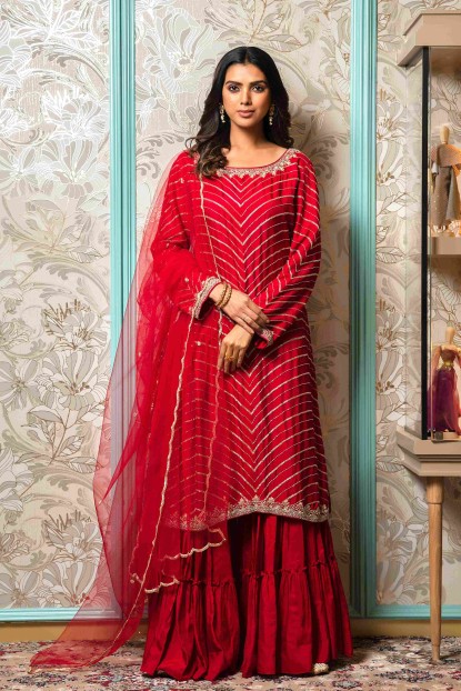 Red Palazzo Set in Raw Silk