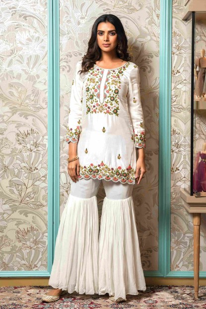Raw Silk Kurti & Palazzo in White color
