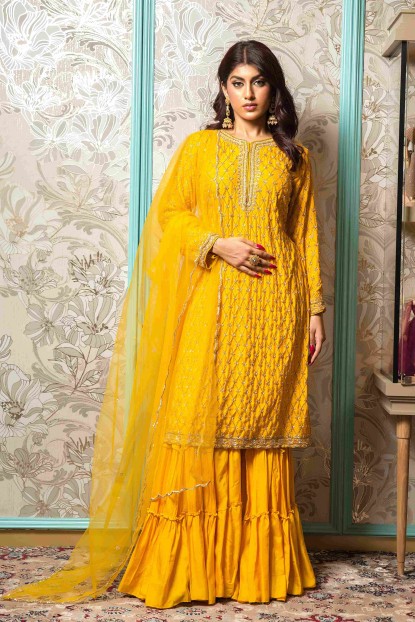 Mustard Yellow Palazzo Set in Raw Silk