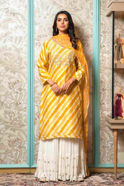 Yellow Leheriya Kurti with Bandhani Dupatta