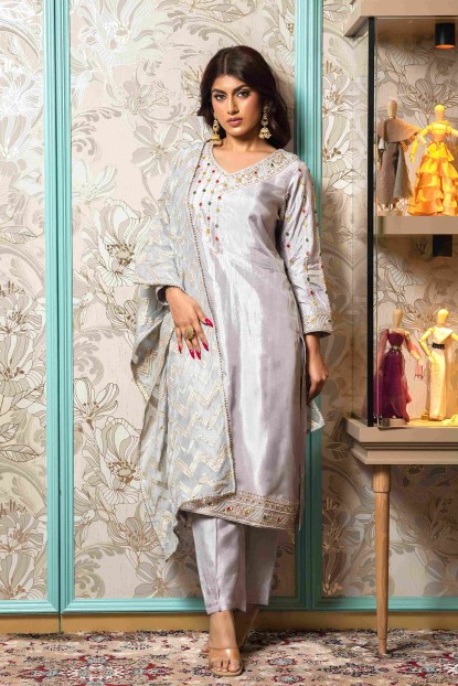 Kurti and Pant Set in Silk with Banarasi Dupatta in Grey