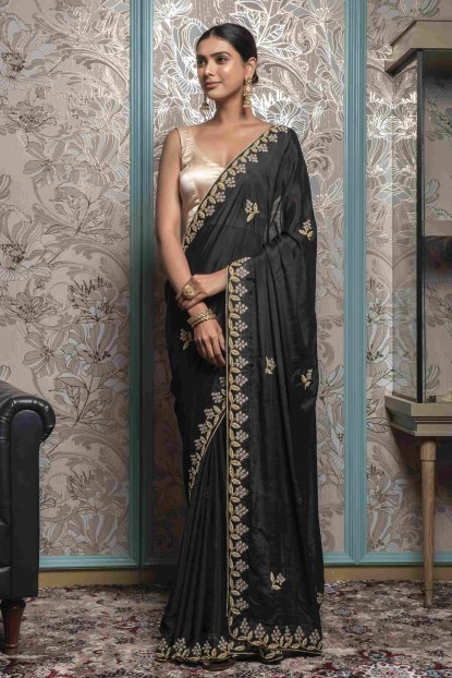 Dark Grey color Saree in Chinnon