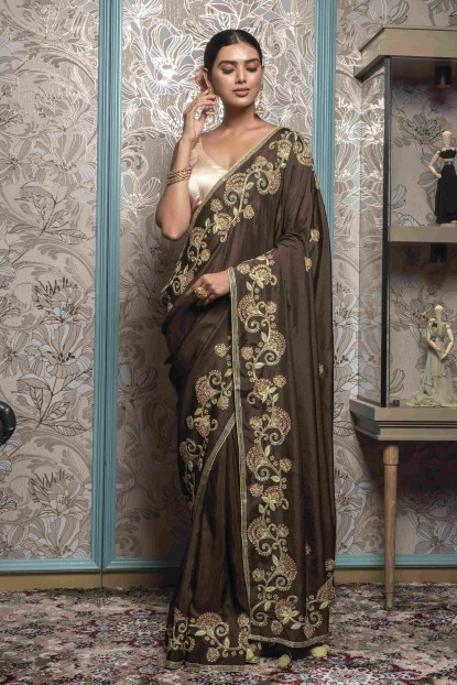 Brown color Saree in Dola Silk