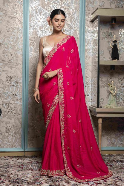 Bright Pink Saree in Chinnon 