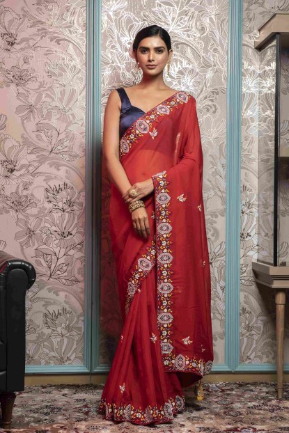 Red color Saree in Georgette