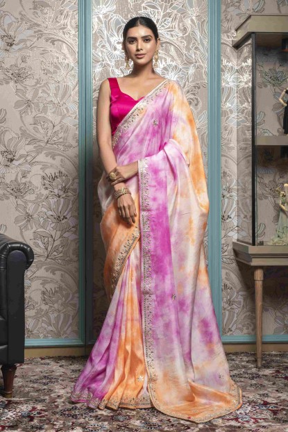 Shibori Print Saree in Pink & Yellow