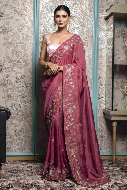 Heavy Puce Pink Saree in Dola Silk