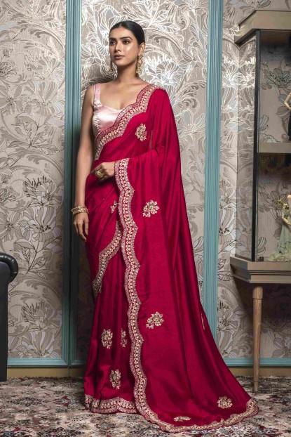 Dark Pink Saree in Dola Silk