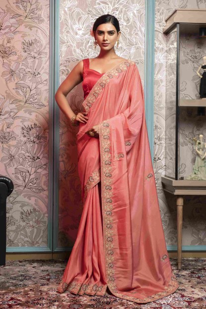Peach color Saree in Dola Silk