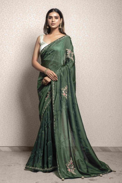 Dark Green color Saree in Dola Silk