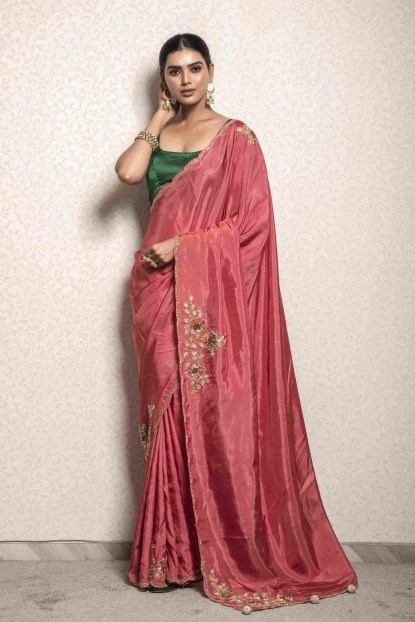 Reddish Pink color Saree in Dola Silk