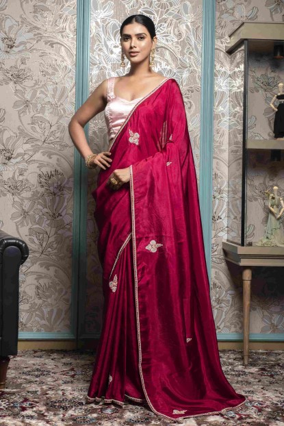 Dark Pink Saree in Dola Silk
