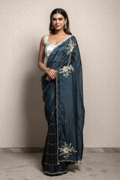 Peacock Blue Saree in Dola Silk