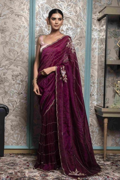 Wine color Saree in Dola Silk