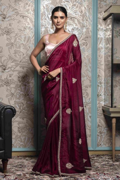 Wine color Saree in Dola Silk