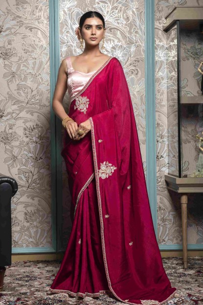 Dark Pink Saree in Dola Silk
