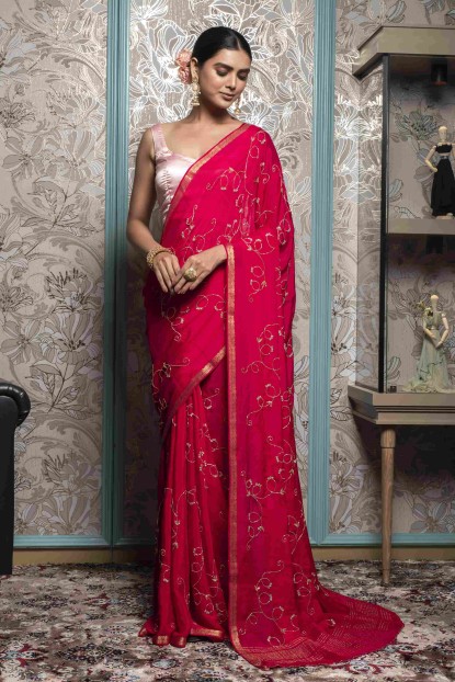 Dark Pink color Saree in  Chinnon