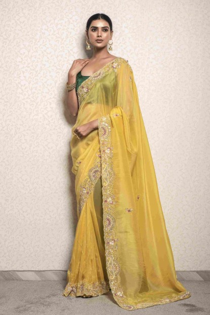 Yellow color Saree in Soft Organza 