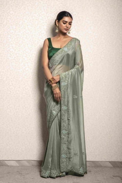 Sage Green color Saree in Soft Organza