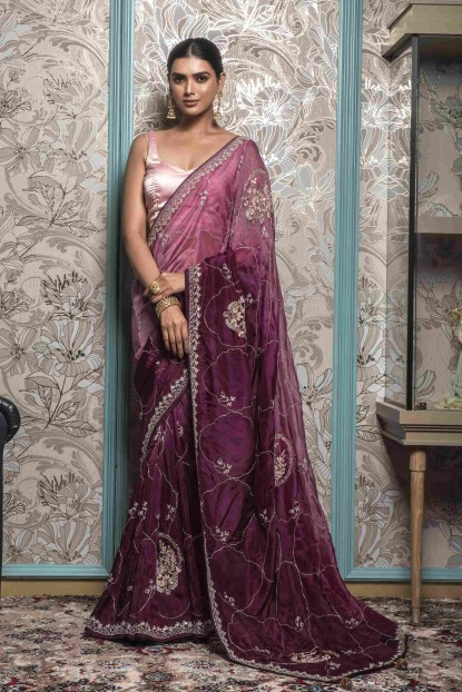 Lavender & Plum Ombre Saree in Soft Organza