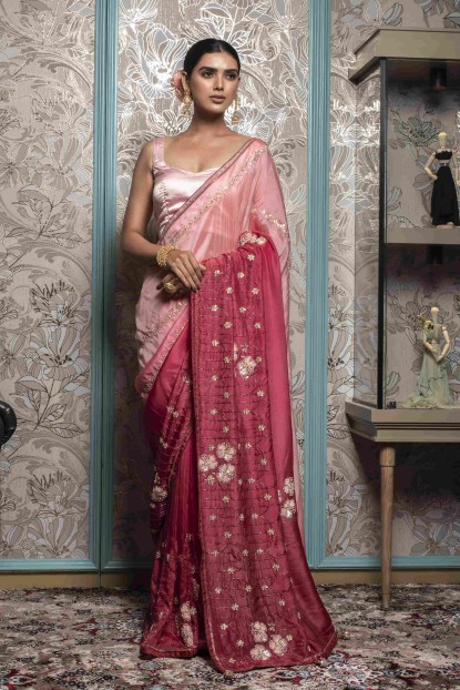 Shaded  Dola Silk Saree in Light Pink & Onion Pink