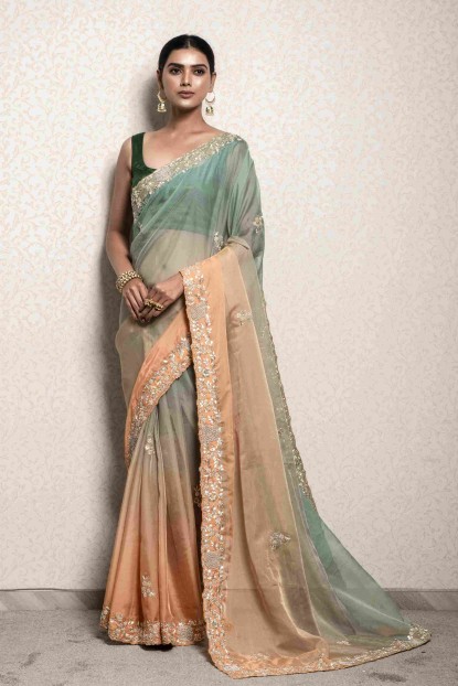 Green & Peach shaded Saree in Soft Organza