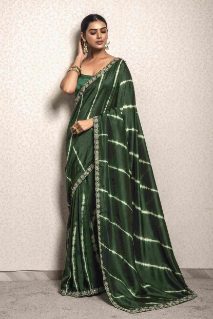 Dark Green color Leheriya style Saree in Dola Silk