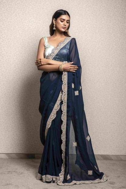 Navy Blue color Saree in Georgette 