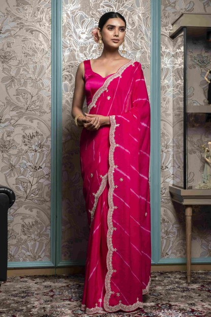 Bright Pink Leheriya Style Saree in  Dola Silk