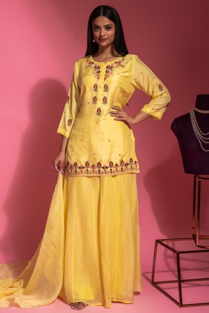 Lemon Yellow color Sharara Set in Dola Silk