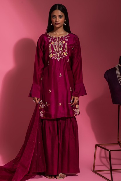 Plum color Sharara Set in Dola Silk