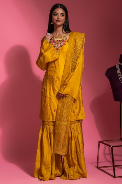 Yellow color Sharara Set in Dola Silk
