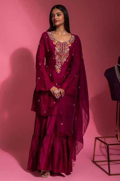 Plum color Sharara Set in Dola Silk