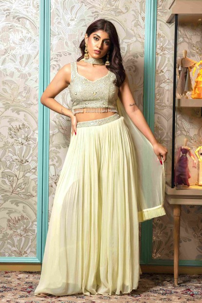 Light Yellow Crop Top & Sharara Set with heavy Dupatta in Georgette