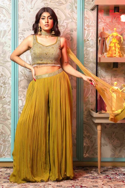 Mehendi Crop Top & Sharara Set with heavy Dupatta in Georgette