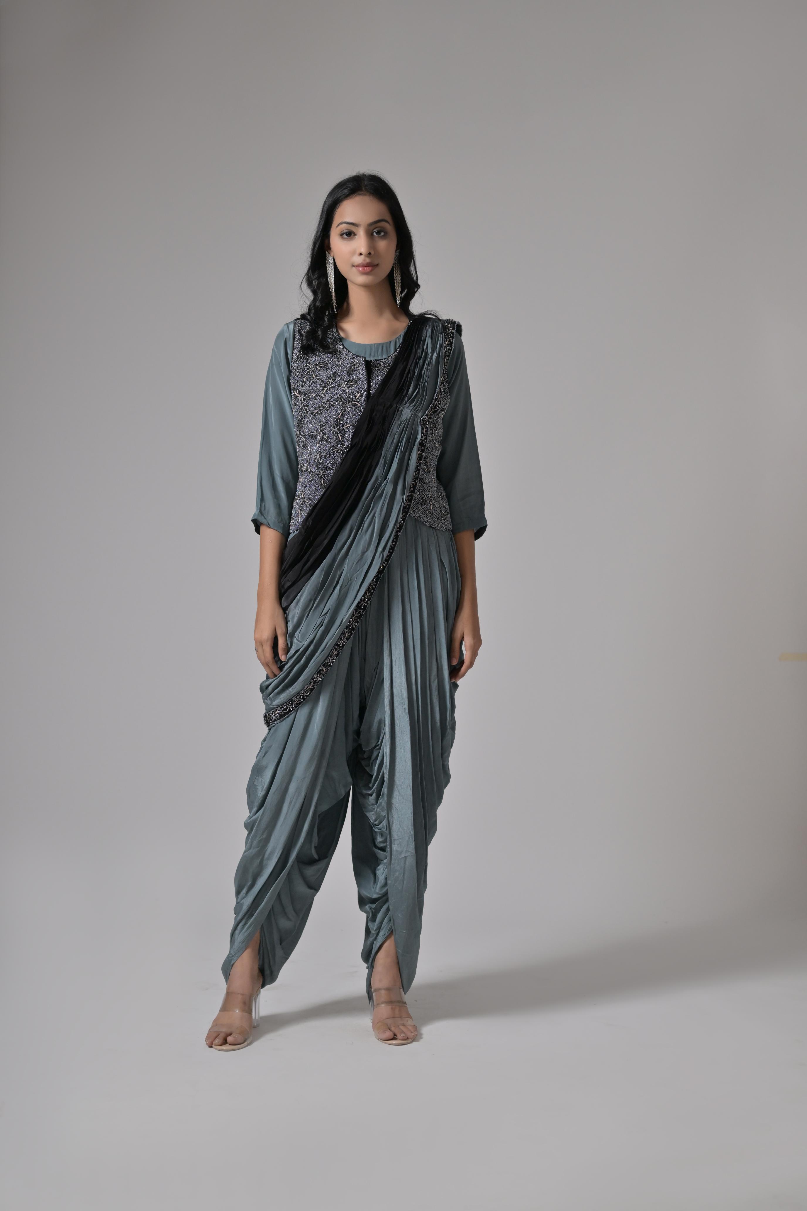 Satin Crepe Dhoti style Grey Embroidered Gown with Dupatta