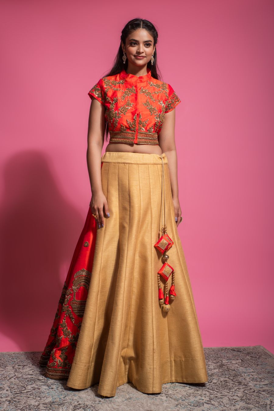 Red & Buff Beige  Traditional Blouse & Skirt