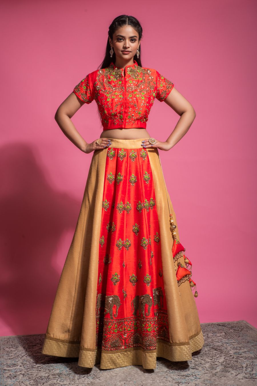 Red & Buff Beige Traditional Blouse & Skirt