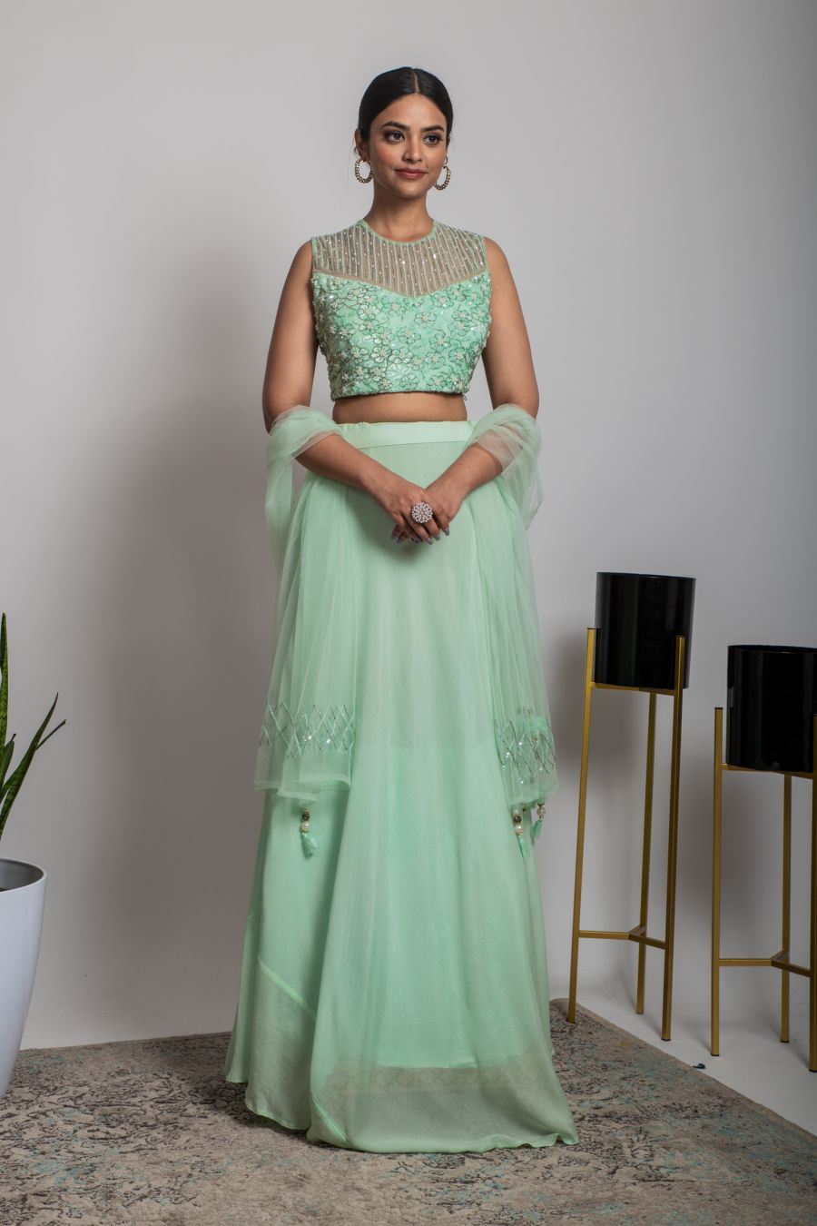 Sea Green Crop-Top & Skirt with matching Dupatta