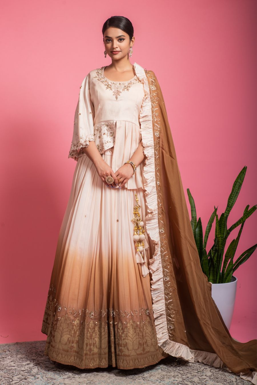 Shaded Lehenga in Cream & Brown Color