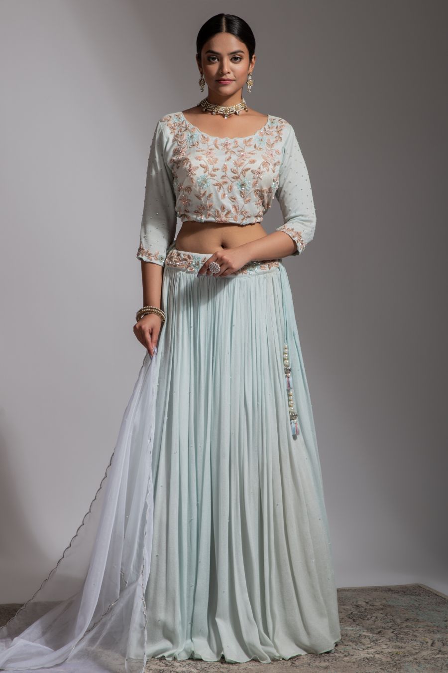 Ice blue Skirt and Crop Top set wIth dupatta
