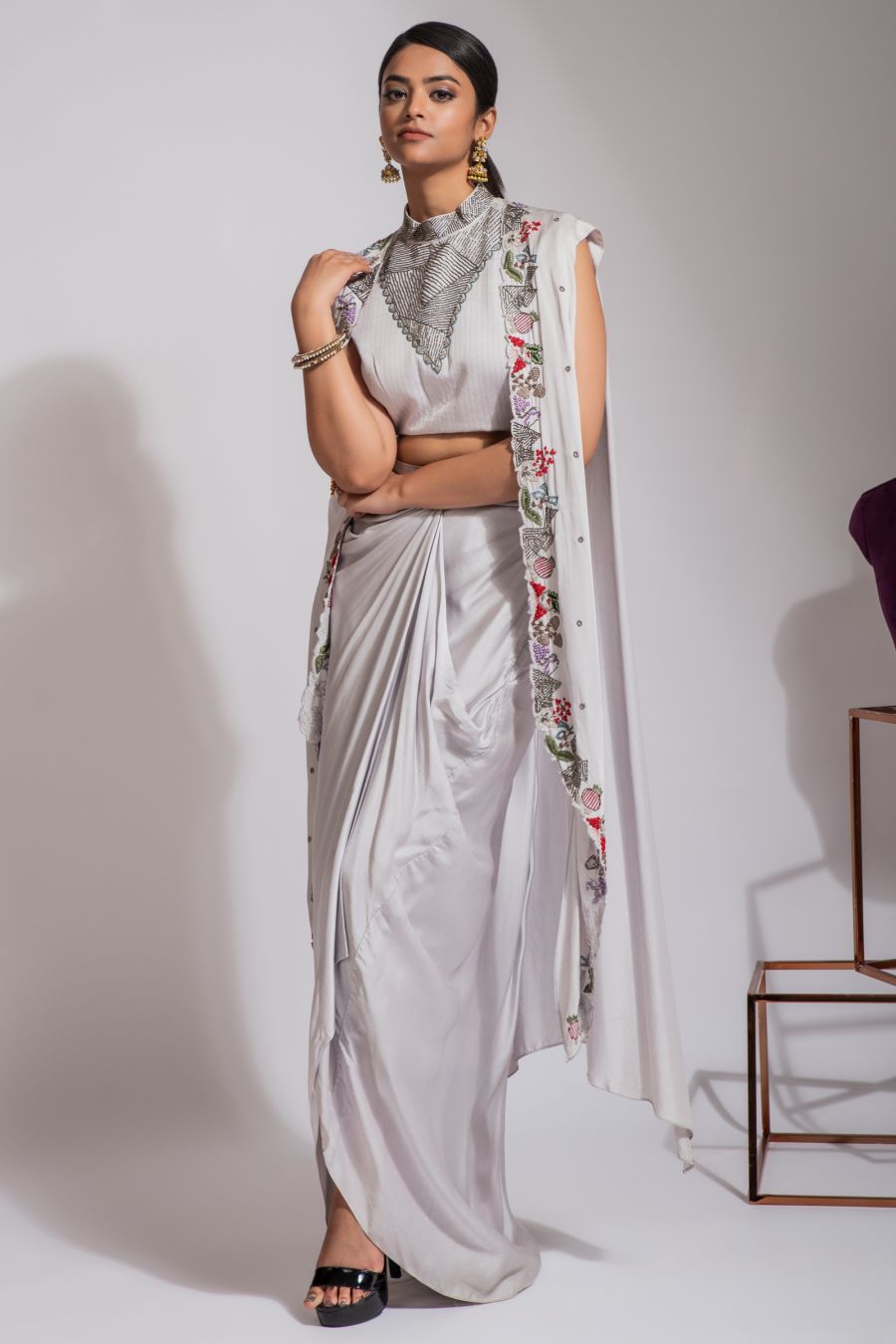 Grey color Crop Top & Skirt with Jacket style Dupatta