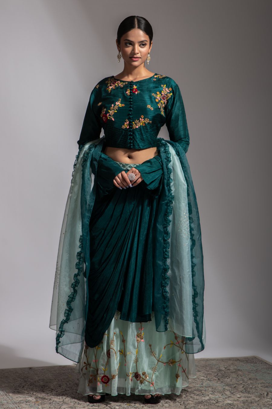 Teal Green Crop Top and Skirt set  with Ruffle Dupatta