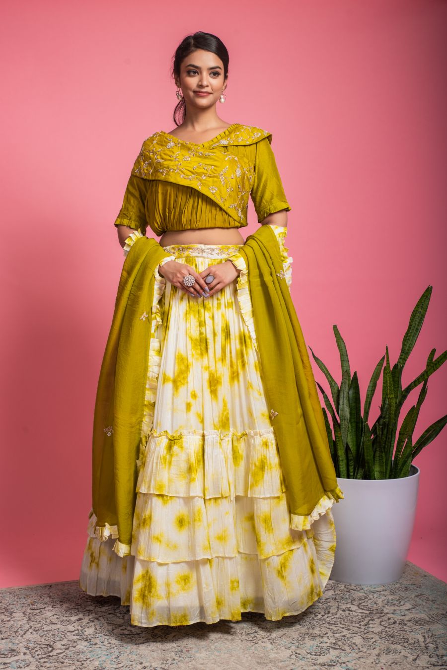Mehndi color designer Blouse with Shibori print Skirt and Dupatta
