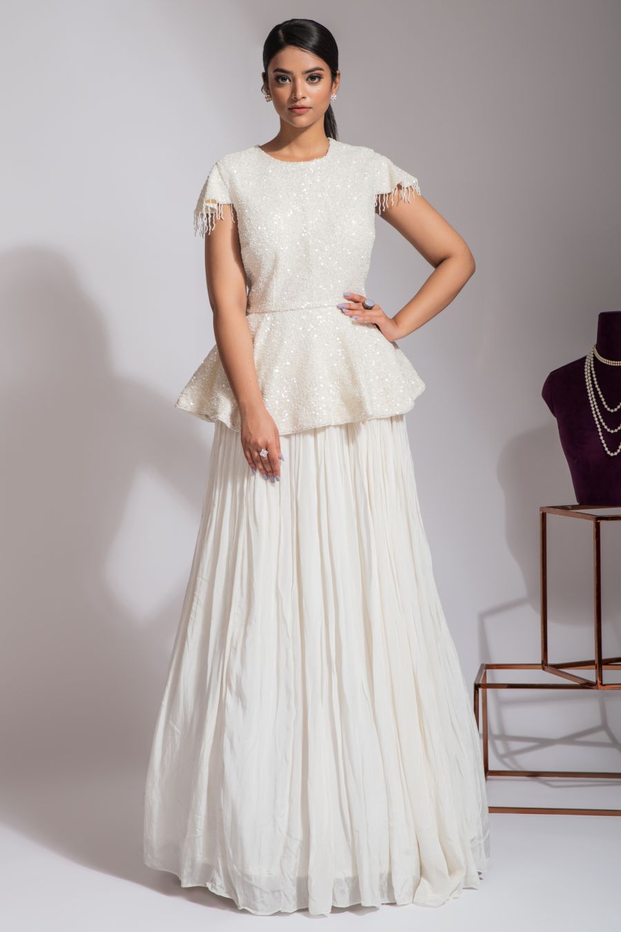 Ivory Sequins Top and Skirt